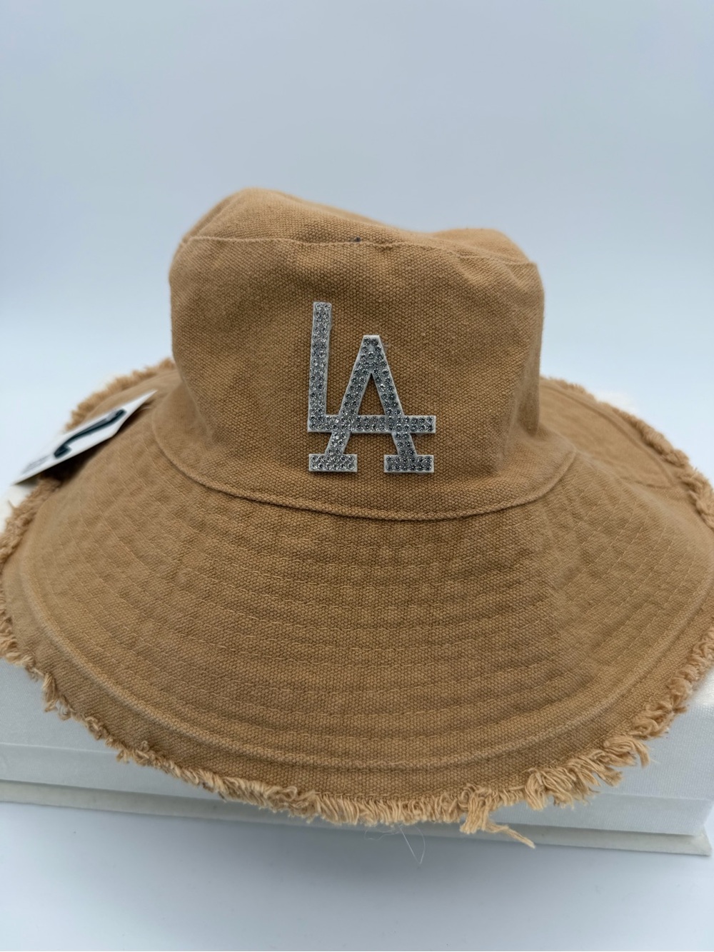 Women’s Embellished rhinestones LA Frayed denim bucket Sun Hat - Tan